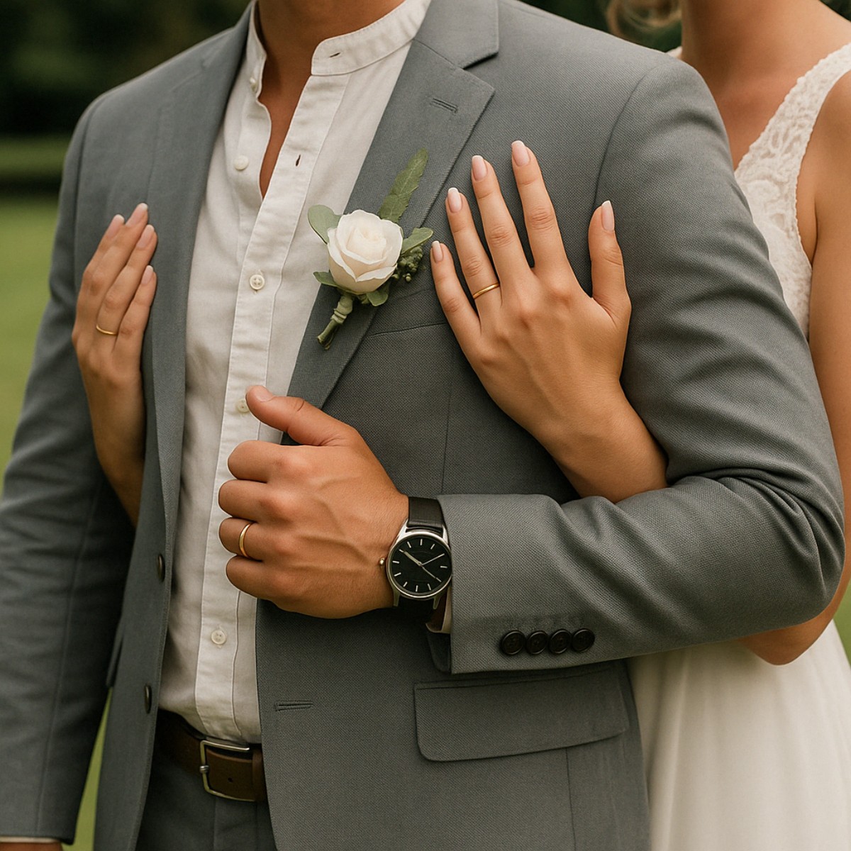 Un couple marié posant avec tendresse, montrant leurs alliances en or et un costume gris raffiné – image symbolique d’un anniversaire de mariage, parfaite pour illustrer les noces de mariage. 